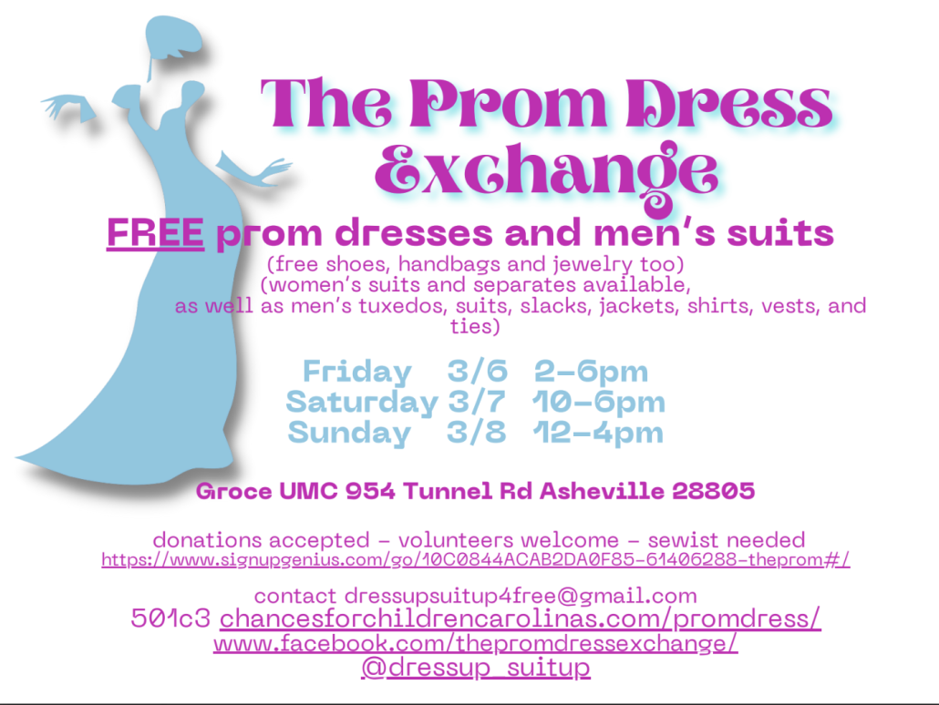 The Prom Dress Exchange flyer with dress silouette and information